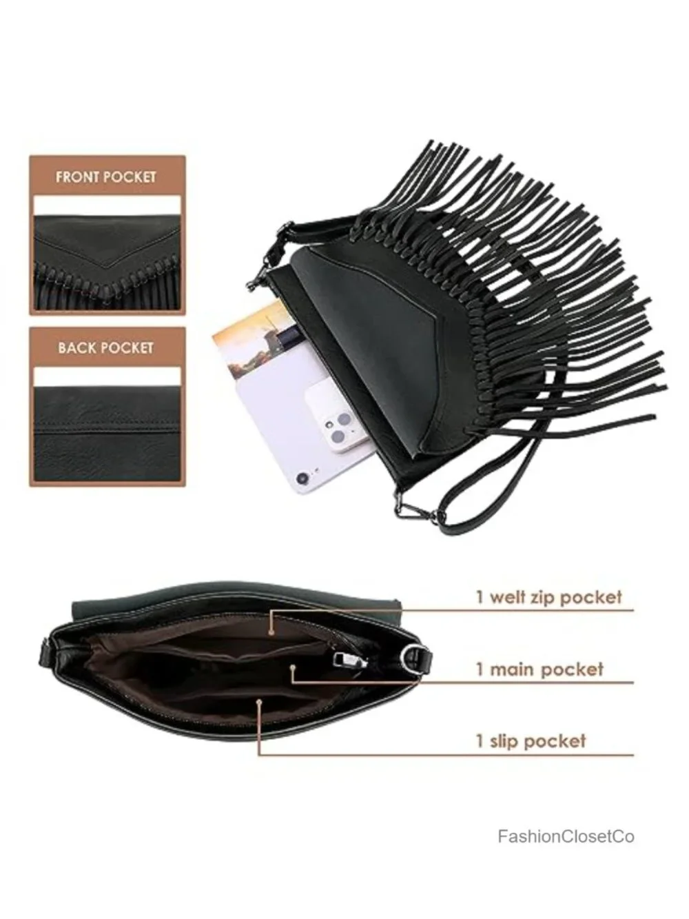 PU Leather Hobo Fringe Crossbody Tassel Purse Vintage Flap Envelope Handbag